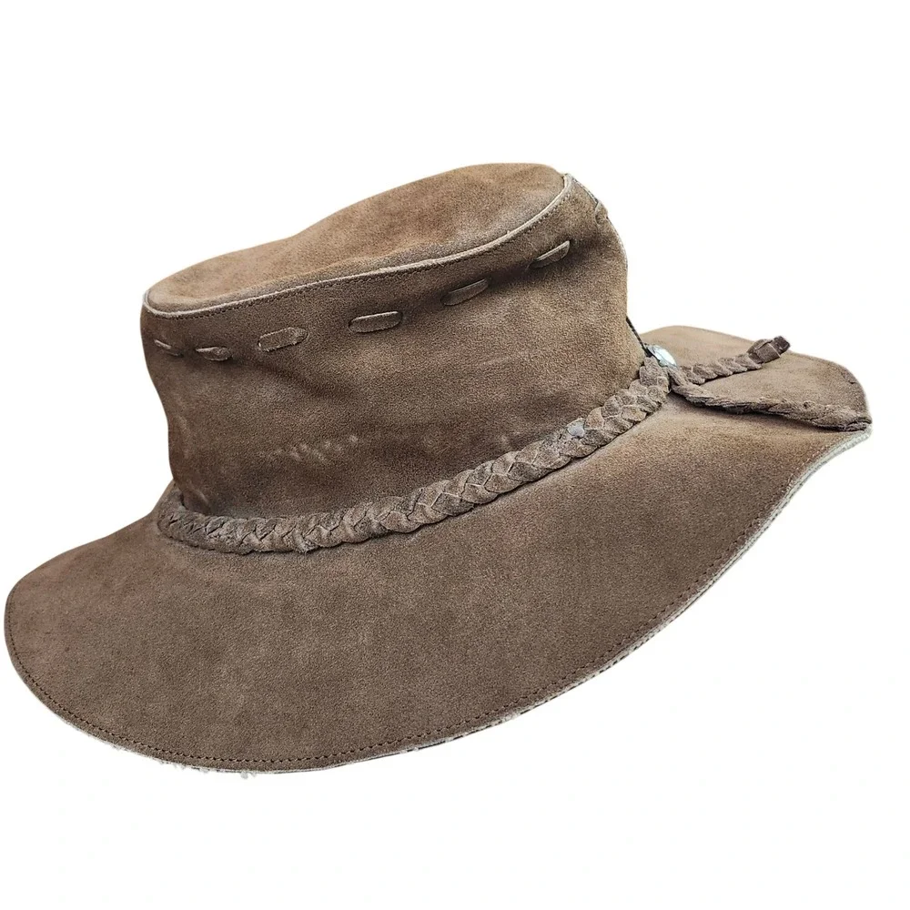 Banana Republic Vtg Klondike Leather Outback‎ Cowboy Hat Braided Band Concho S/M